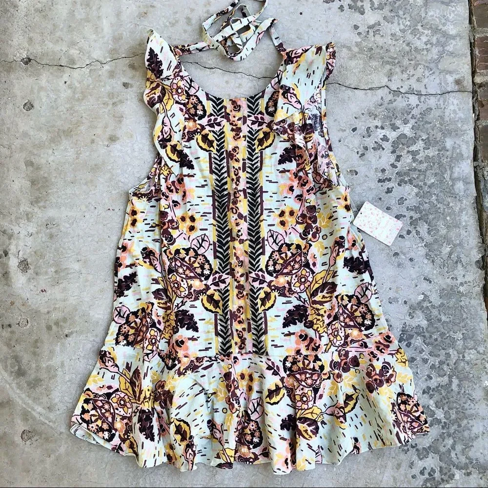 Free People Tunic Top Mini Dress Linen Blend Floral Ruffle Green NWT S